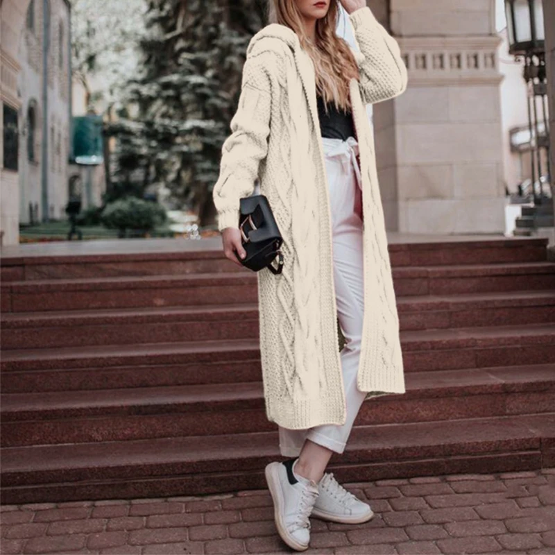 Женский осенний кардиган с капюшоном однотонный Свободный Длинный Теплый