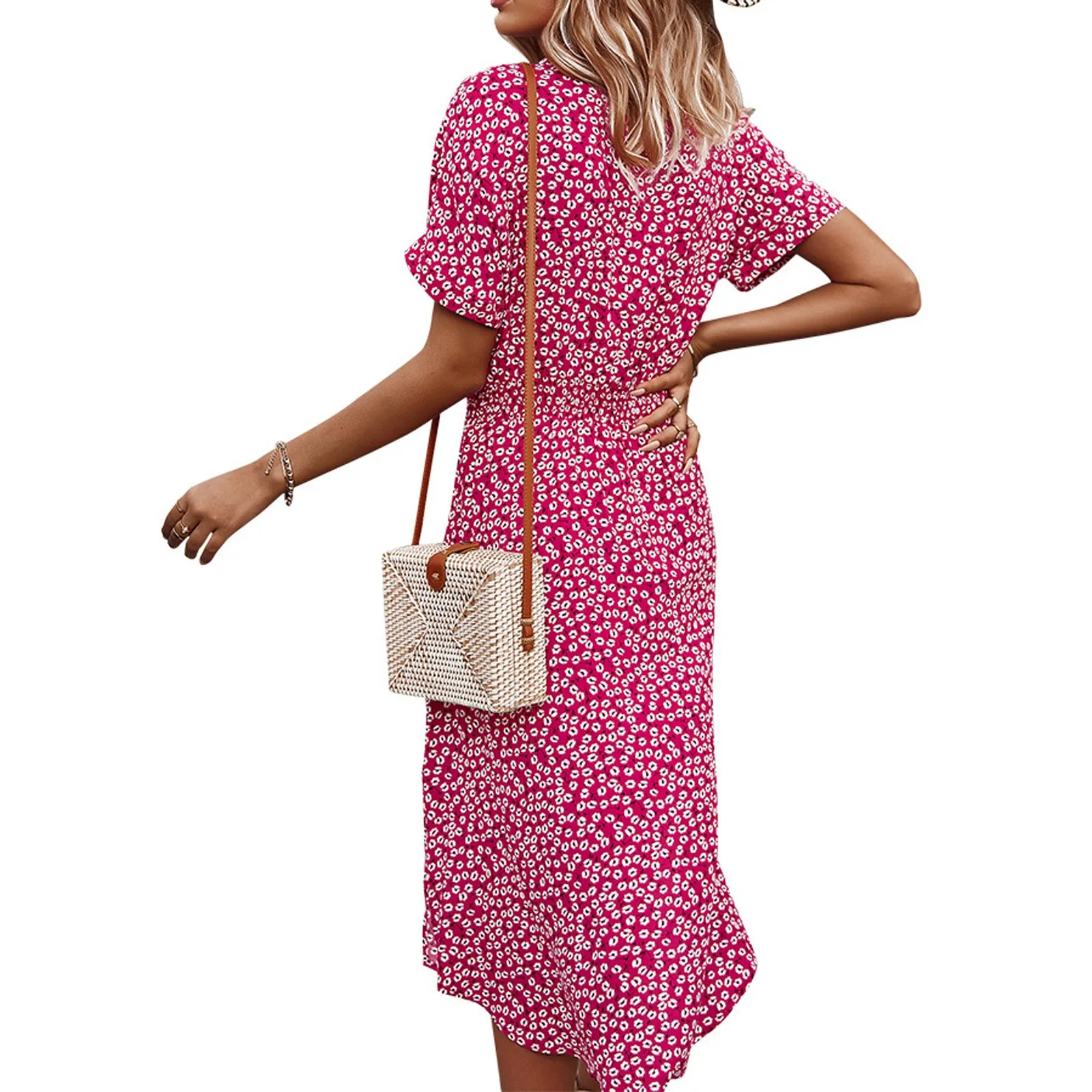 

Summer Womens A-Line Dress Sweet Elegant Floral Button V-neck Bandage Beach Party Dress for Lady Chic Flowers Midi Dress