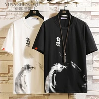 chinese style t shirt men funny anime print o neck japanese loose black white gray cotton tshirts male summer streetwear fashion