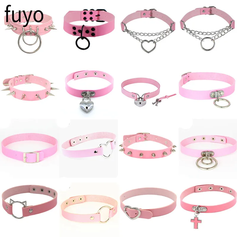 

Rock Sexy Pink Gothic Collar Chokers Necklaces Women Men Steampunk Leather Spike Rivet Goth Heart Punk Choker Necklace jewelry