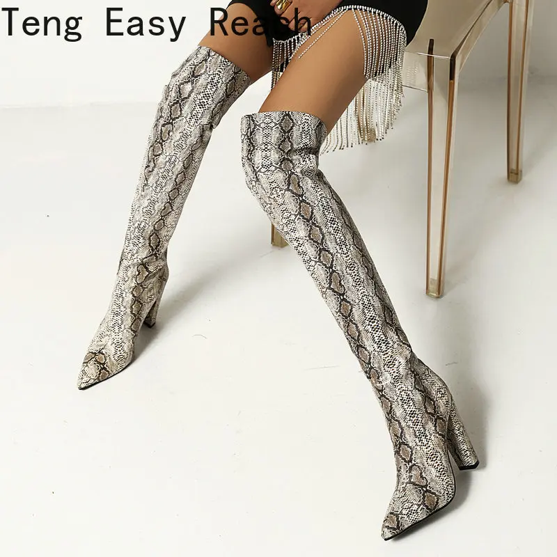 

Snake Women Over The Knee Boots Fashion Square High Heel Knee High Boots Slip on Autumn Winter Long Boots 35 36 37 38 39 40 41
