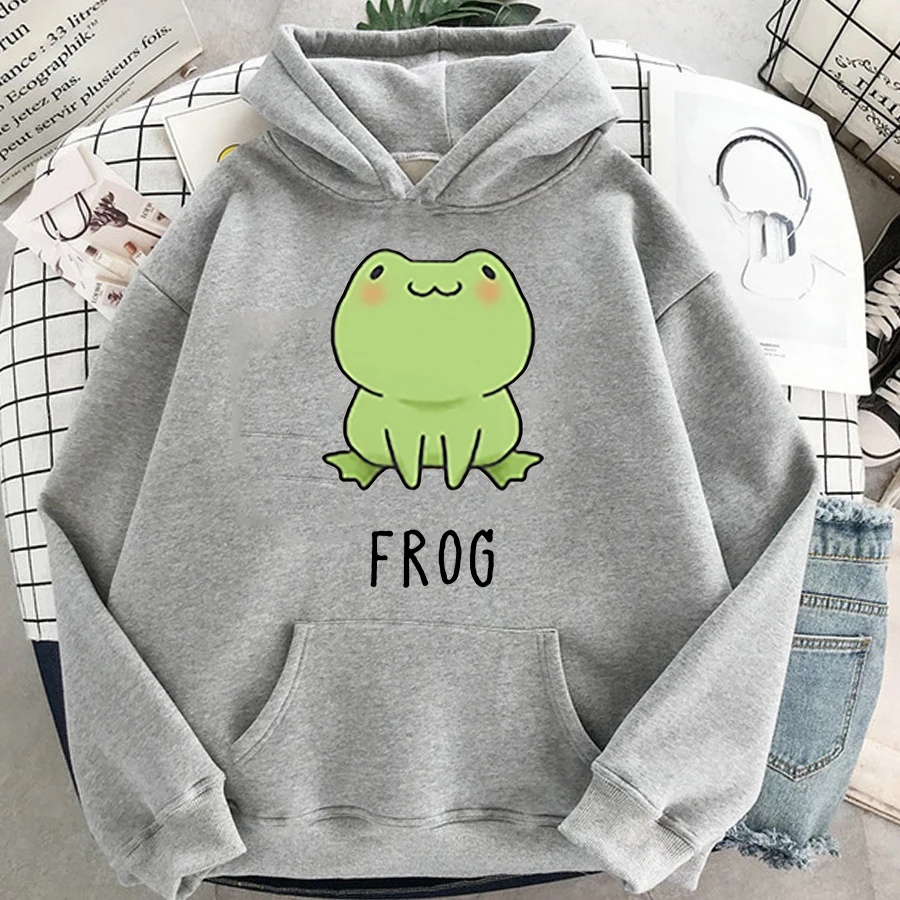 

Kawaii frog hoodie print cartoon oversized sweatshirt hoody unisex casual basic students cute pullover wool Sudader streetwear