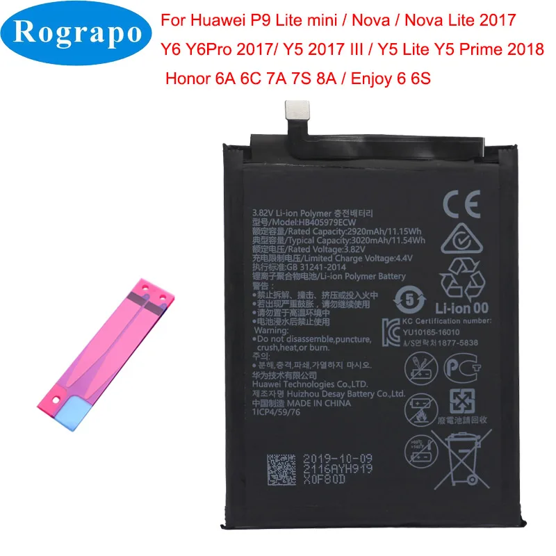 Оригинальный мобильный телефон HB405979ECW аккумулятор 3020 мАч для Huawei Nova Honor 6A 6C Y5 7A 7S 8A