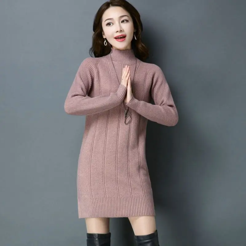 

Fashion Semi-Turtleneck Sweater Women New Autumn/Winter Sweater Jacket Female Loose Mid-Length Thick Knitt Bottoming Shirt Dress