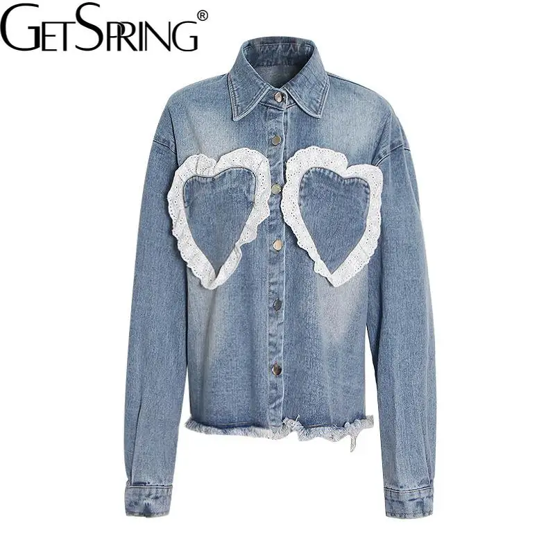 

GetSpring женская джинсовая куртка с сердечками, сшитая синяя джинсовая куртка, однобортный женский джинсовый топ с длинным рукавом, весна-осен...