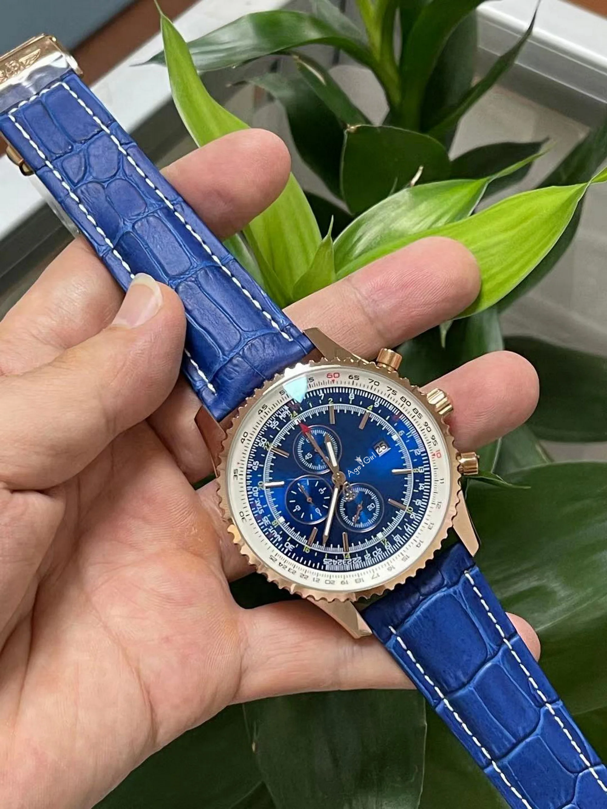 

2021 Luxury New Men Quartz Chronograph Stopwatch Rose Gold Watch Black Blue Leather GMT Stainless Steel 7 Hands Sapphire Watches