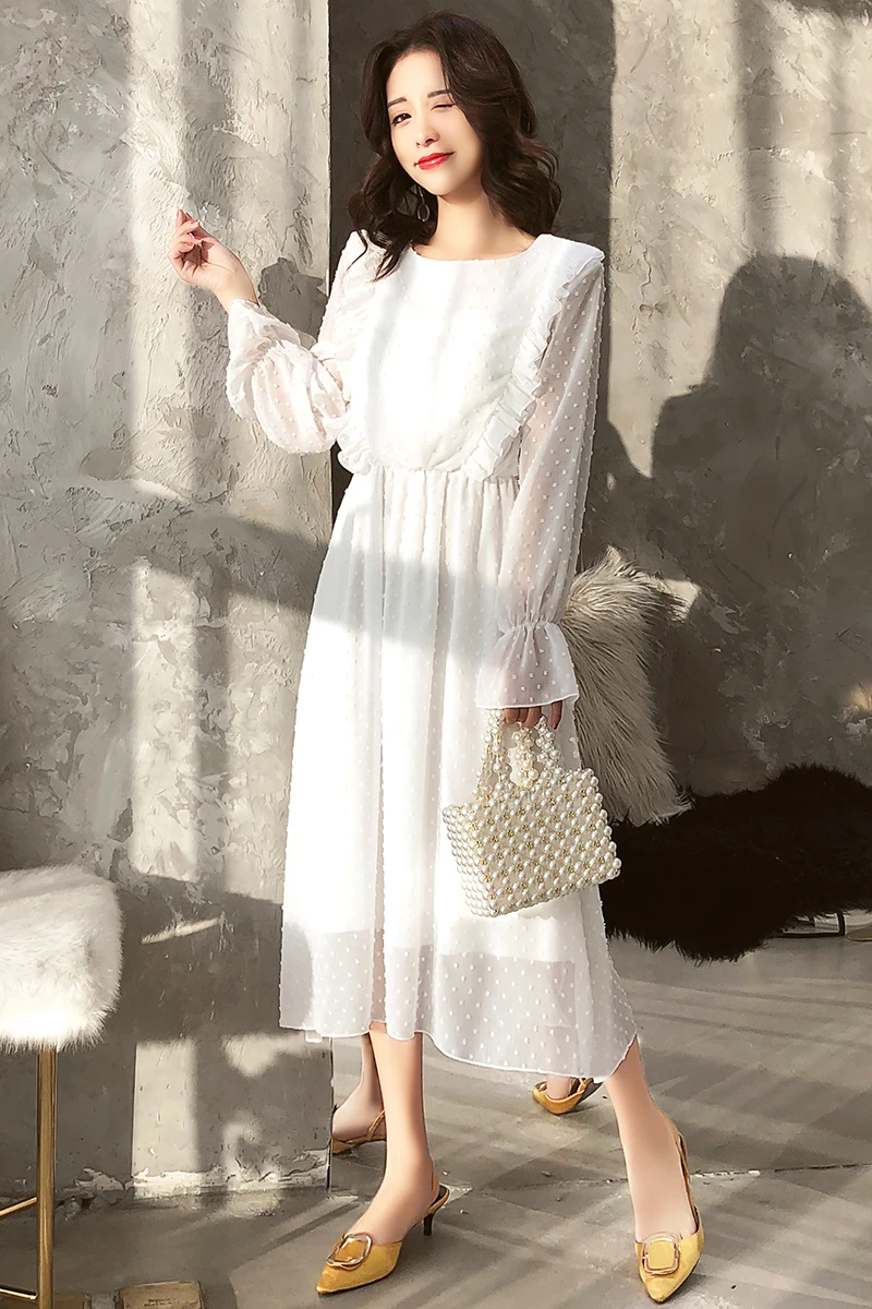 Женское шифоновое платье в горошек длинное платье-трапеция с оборками и