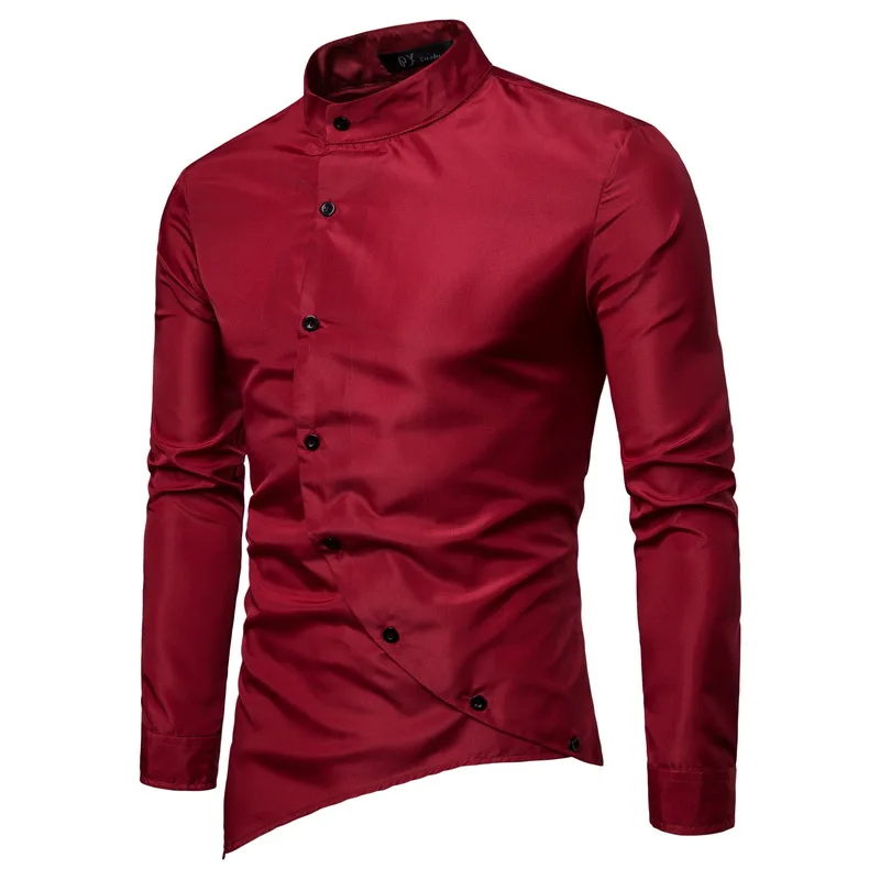 

Men Solid Color Shirt 2021 Spring Long-sleeved Shirt Navy Blue Red Black White Personality Palace Fashion Stand-up Collar Shirt