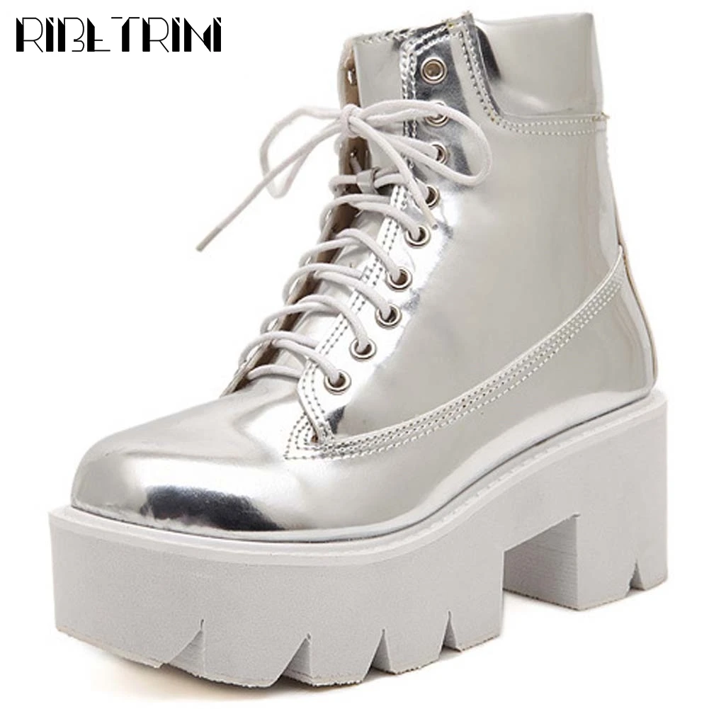 

RIBETRINI Hot Sale Female Solid Platform Lace Up Round Toe Ankle Shoes Women Boots Thick Bottom Casual Stylish Boots