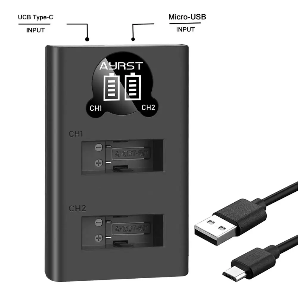 AHDBT 501 для GoPro Hero7 Dual USB зарядное устройство со светодиодным дисплеем работа или
