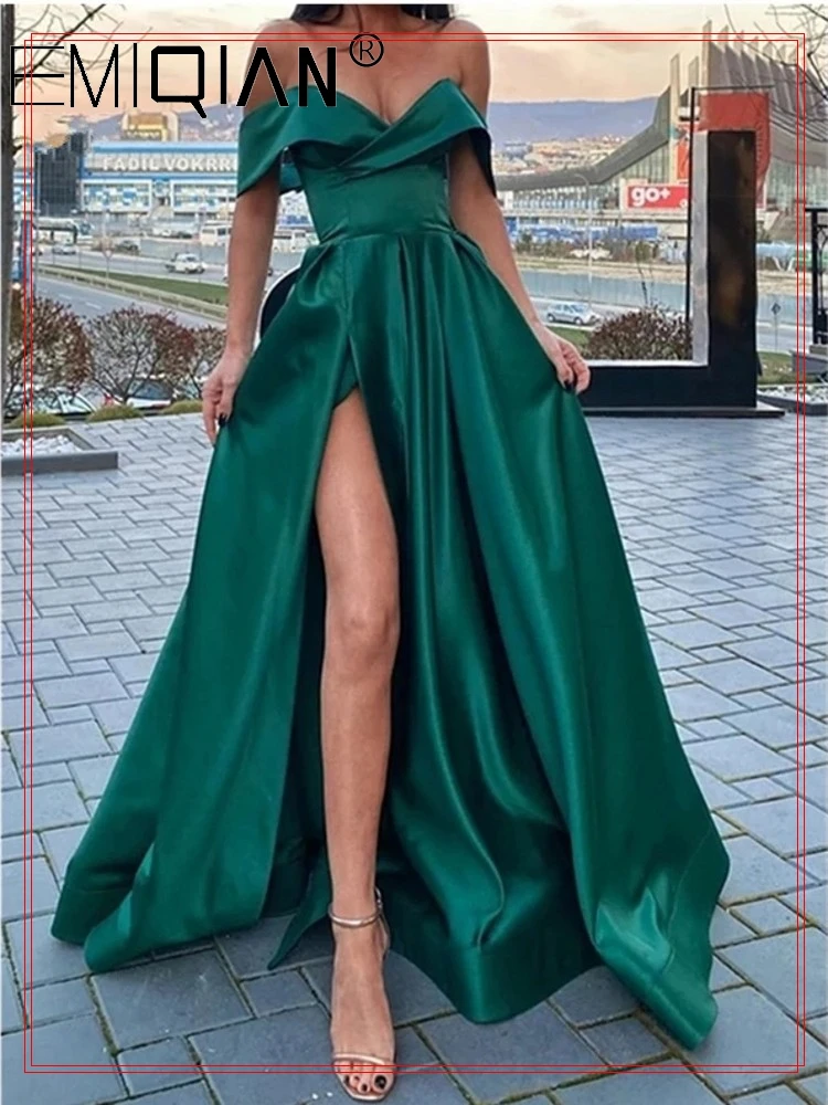 

Off the Shoulder Emerald Green Satin Long Prom Dresses with Leg Slit V-neck Floor Length Arabic Evening Gowns robe de soiree