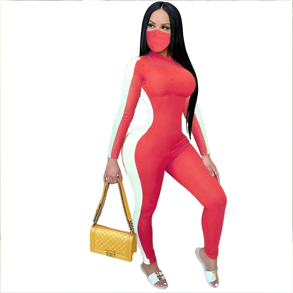 

Zoctuo Color Patchwork Jumpsuits For Women Ribbed Long Sleeve Sexy Jumpsuit Autumn O-Neck Fitness Skinny Rompers Playsuit