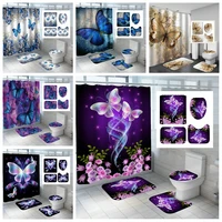 3d colorful butterfly flower print fabric waterproof shower curtain bathroom curtains set non slip rug toilet lid cover bath mat