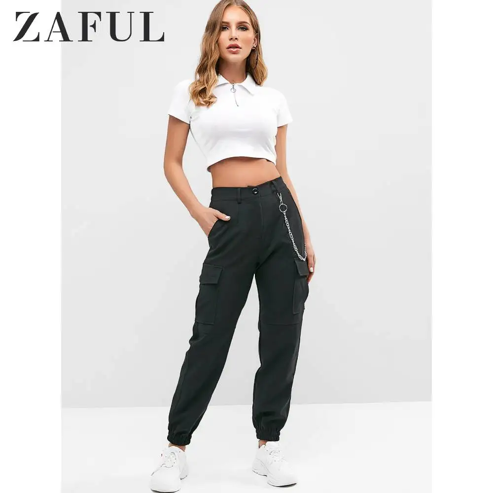 ZAFUL штаны для бега с цепочкой и карманами, высокая талия, одноцветные женские штаны с высокой талией, Осенние уличные штаны, популярные штаны