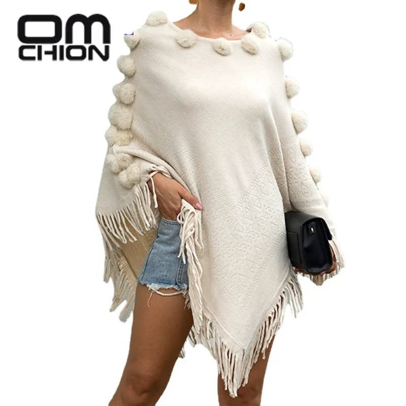 

OMCHION Pull Femme 2021 Korean Cape Shawl Hair Ball Round Neck Pullover Solid Color Knitted Sweater For Women Jumper Poncho