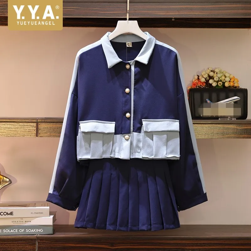 

Spring Slim Fit Pleated Skirt Women Two Piece Set Mixed Color Single Breasted Loose Casual Short Coat Mini Skirt Set Plus Size