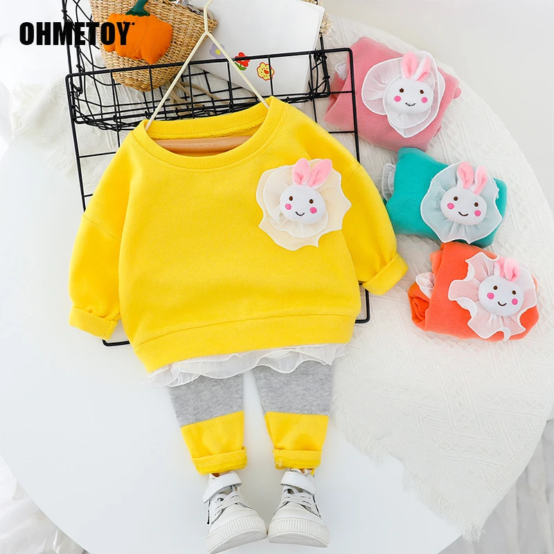 

OHMETOY 2021 New Girls Autumn Two-piece Suit Children Fashin Cotton Clothes Girls Full Solid O-Neck Shirt and Pants Warm Clothes