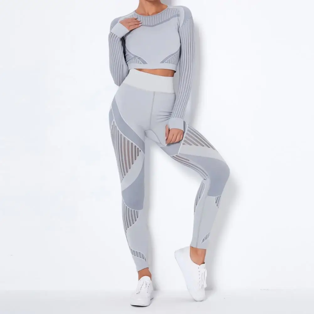

Solid Color Yoga Outfit Seamless Two Piece Striped Women Blouse Leggings Set Tracksuit