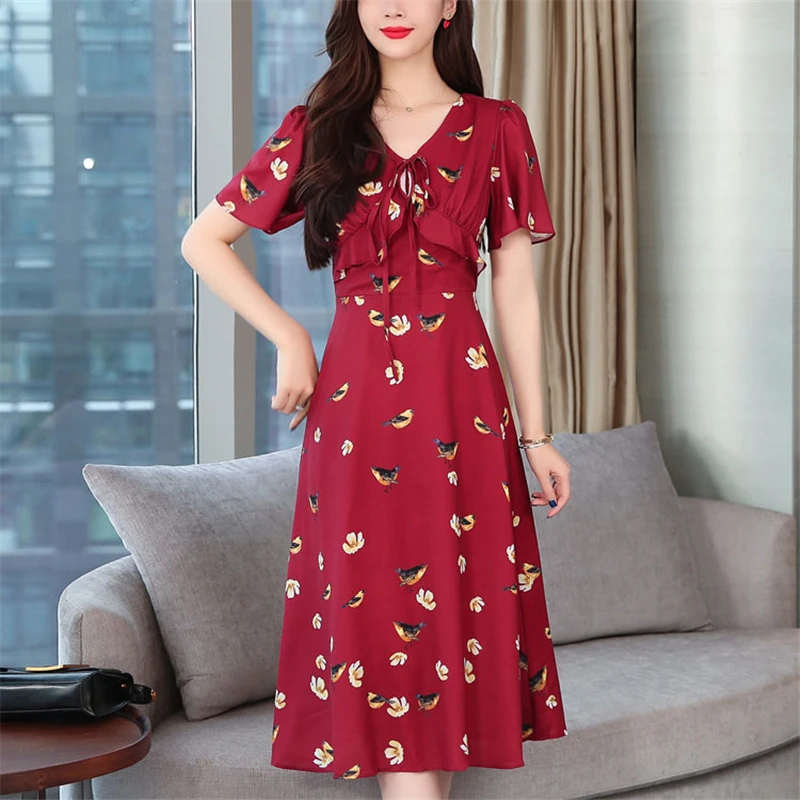 

Осеннее красное очаровательное элегантное женское платье с цветочным принтом и оборками женское шифоновое платье с длинным рукавом и пояс...