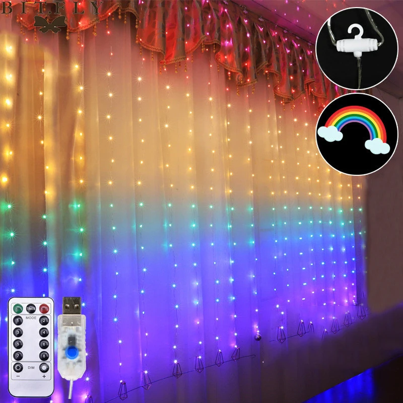

3x2.8M Rainbow Curtain Lights LED String Garland Fairy Icicle Decorative Lights for Christmas Party Bedroom Wall Wedding Decor