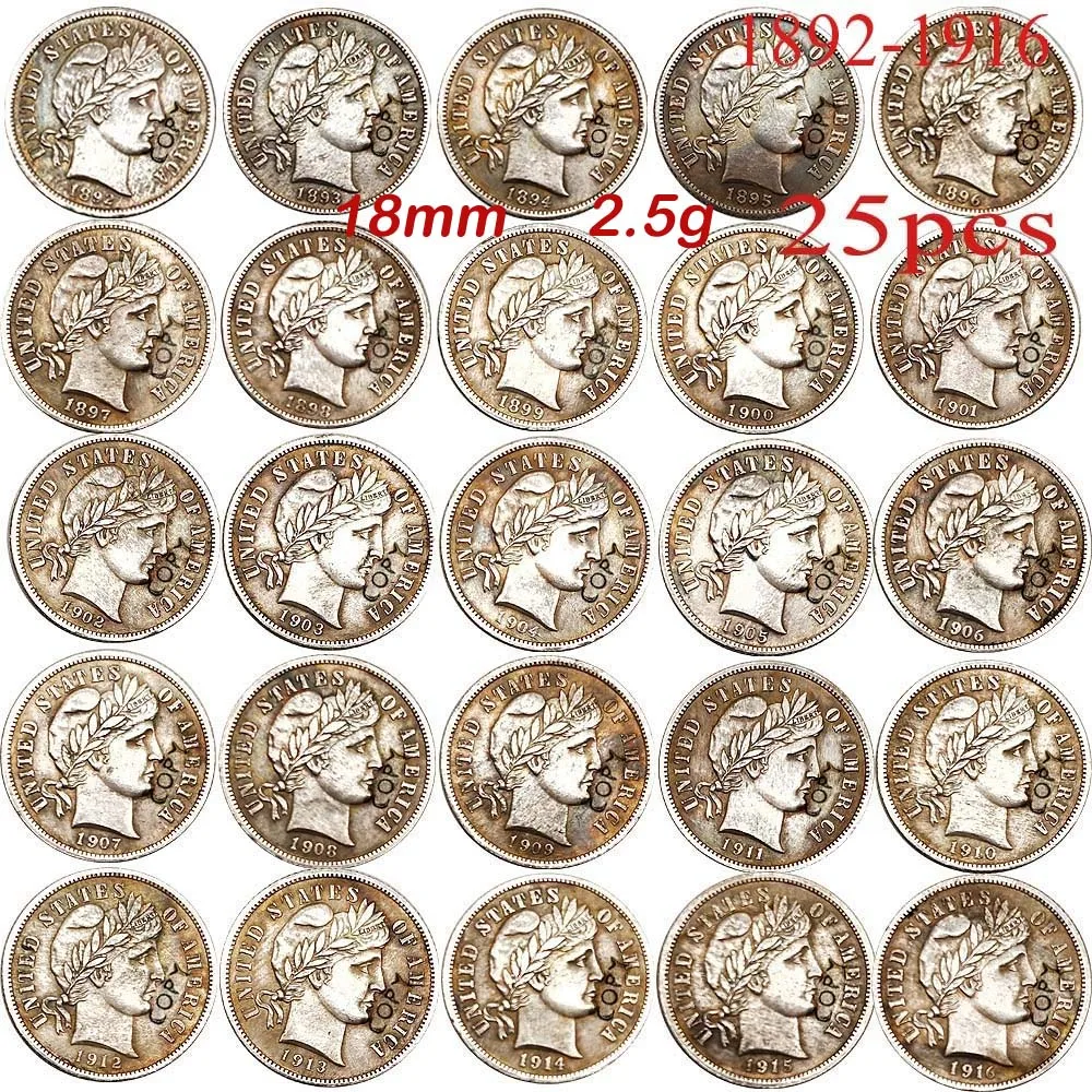25 шт 18 мм Монеты США копия 1892 1916 Парикмахерская Dime разные годы 2 5 г