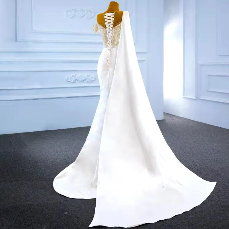 RSM67238 Elegant Slim-fit White One-shoulder Short-sleeved Fishtail Banquet Party Dress 2021 Beaded Deep V-neck Floor Dress