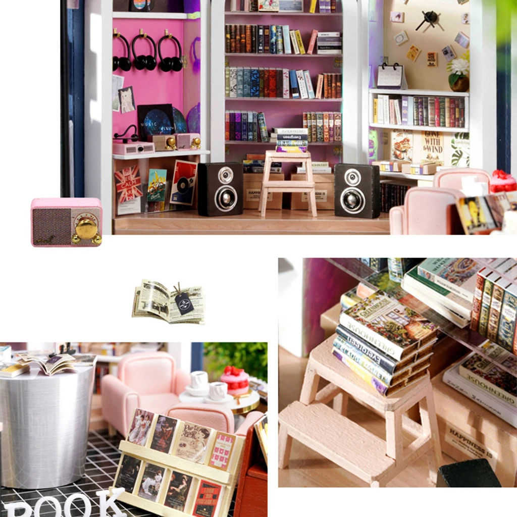 

Miniature Dollhouse with Furniture Kit LED Light & Battery Case Crafts Modern Book & Coffee House 3D Puzzles Toy for Girls