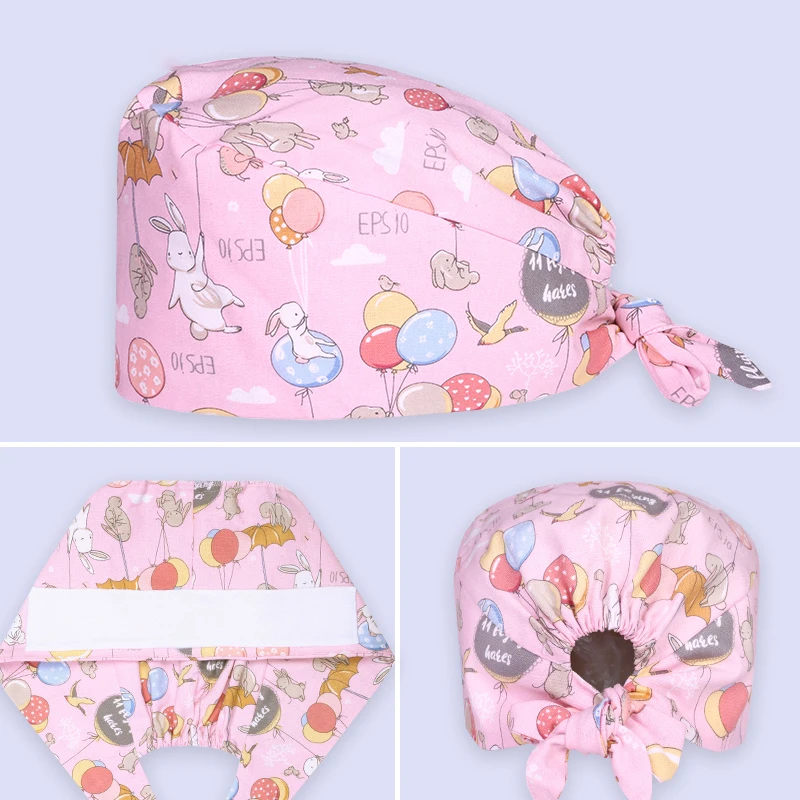 

Rabbit Balloon Veterinary Scrub Caps Pattern Dental Nursing Work Hats Women Men 100% Cotton Beautician Cooking Chef Skull Cap