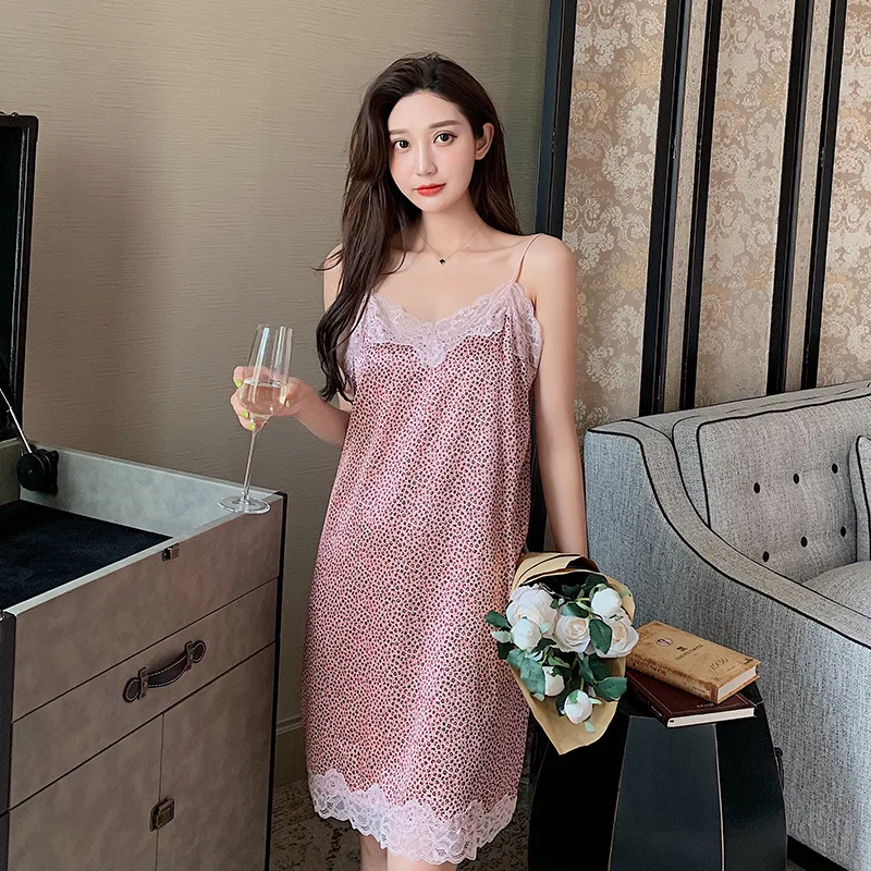 

Silk Nightgown Women Sexy Leopard Lace Satin Slip Dress Women Sleepwear Summer Thin Spaghetti Strap Sleeping Dress