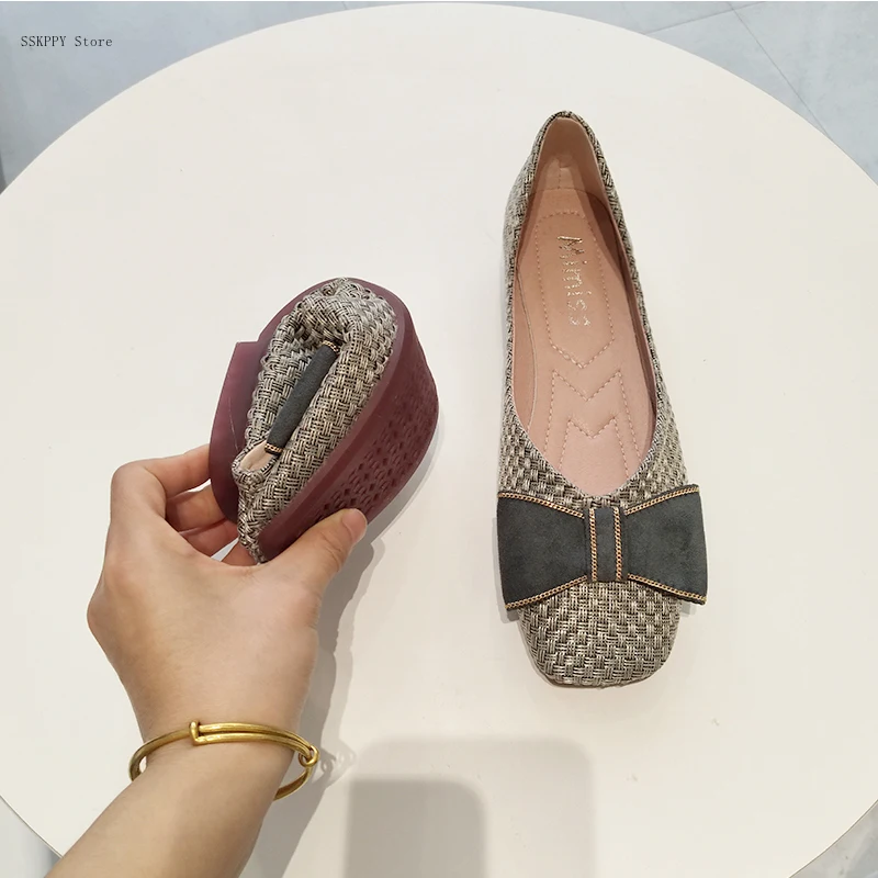 Ladies Ballet Flats Ladies Square Toe Soft Sole Non-slip Woven Leather Casual Shoes with Sweet Bow Loafers Brown Lolita Shoes