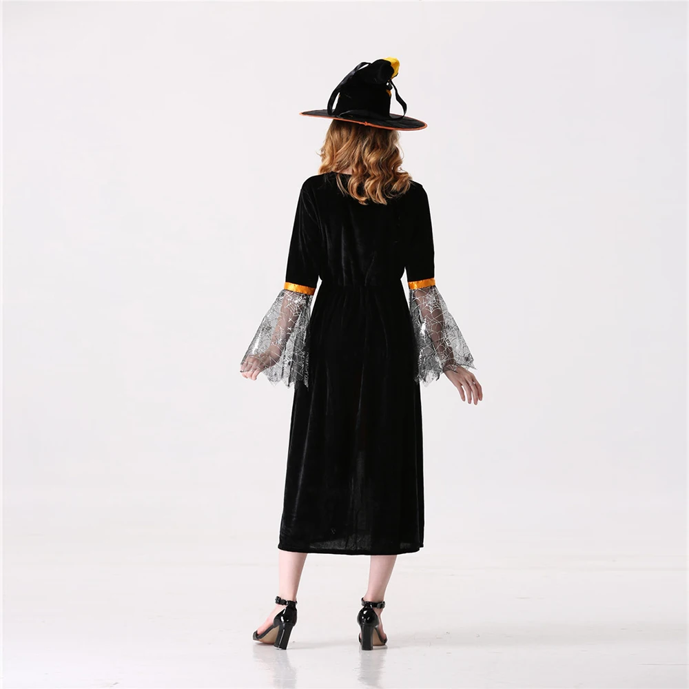 

Halloween Costume for Women Hag Devil Suede Cosplay suit Lace Sleeves Dress with Hat Adult Horror Halloween Witch Costume