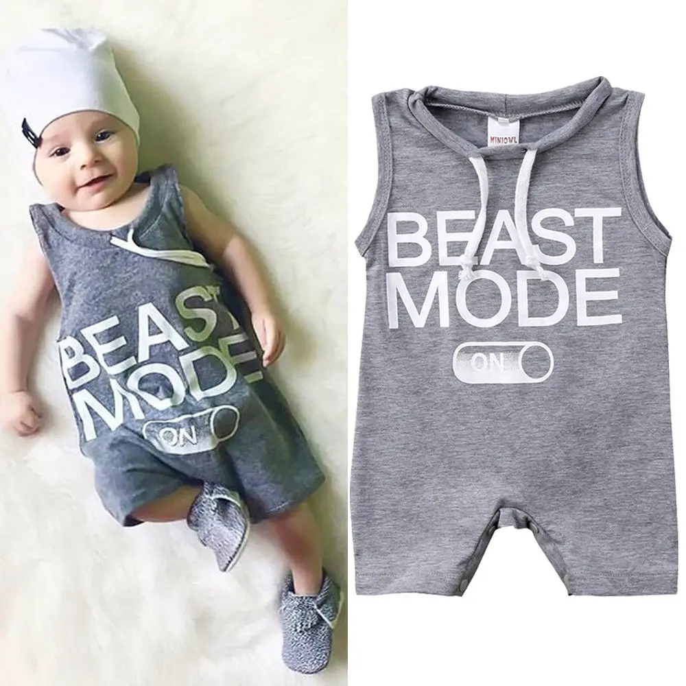 

Baby Boy Fashion Letter Printed Romper 0-24M Newborn Infant Toddler Summer Casual Sleeveless Jumpsuit Gray Outfit Clothes