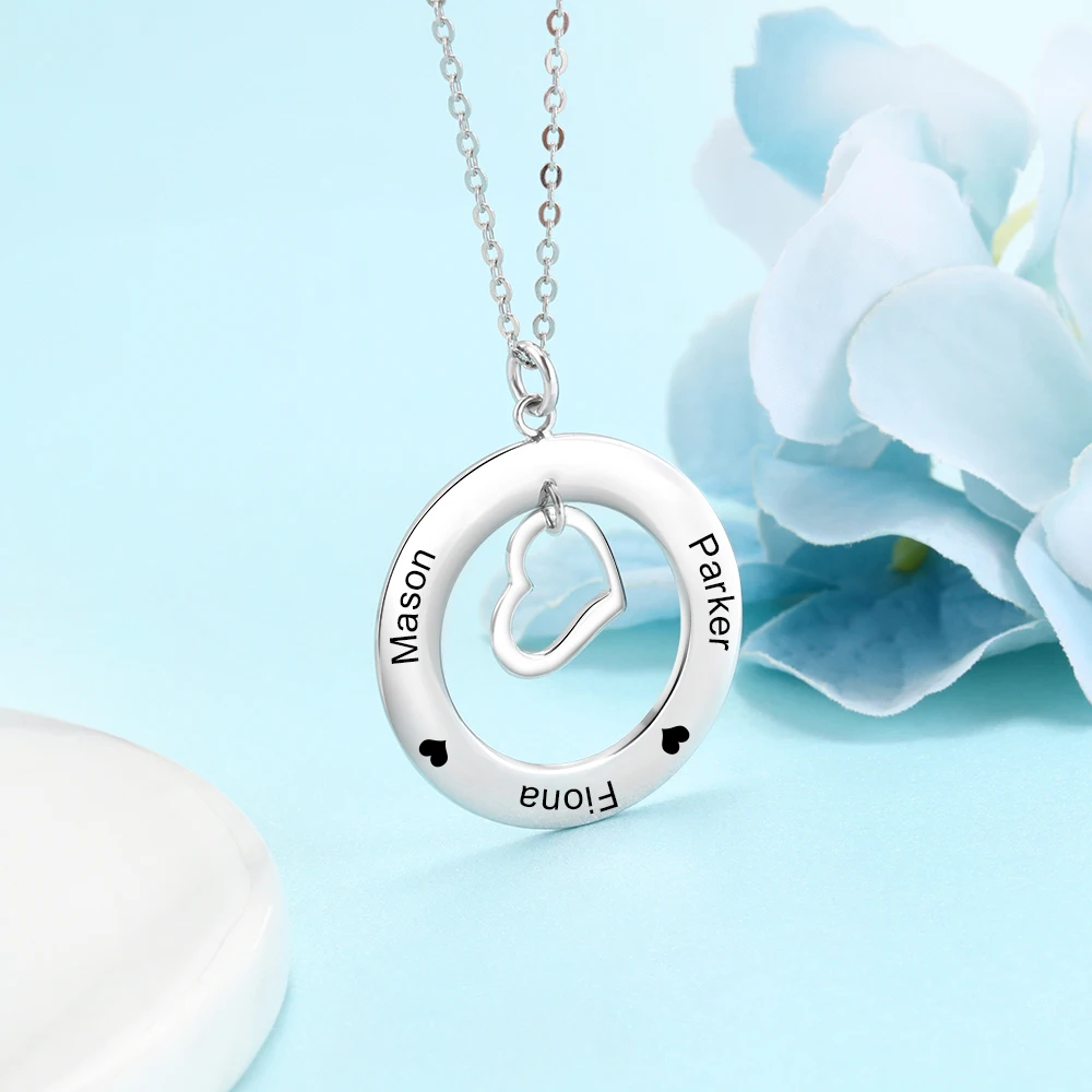 Personalized Heart &amp Circle Pendant Necklace Customize Engraved Family Name Necklaces for Women Jewelry Gift (JewelOra NE103632) |