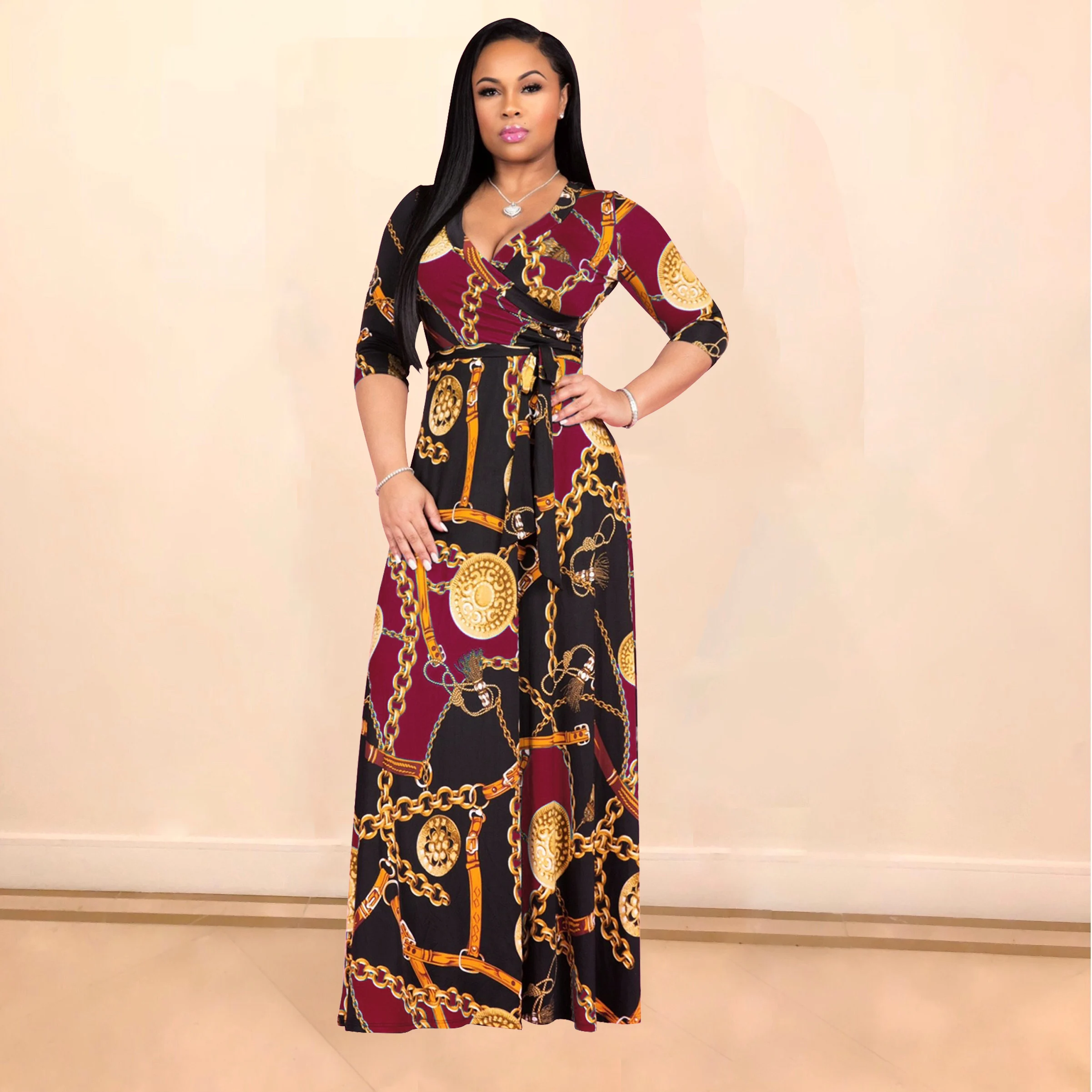 

Women Sexy Maxi Dress Print Vintage V-neck Bohemia Big Large Dress New Fashion Ladies Bandge Long Dress Beach Party Sundress