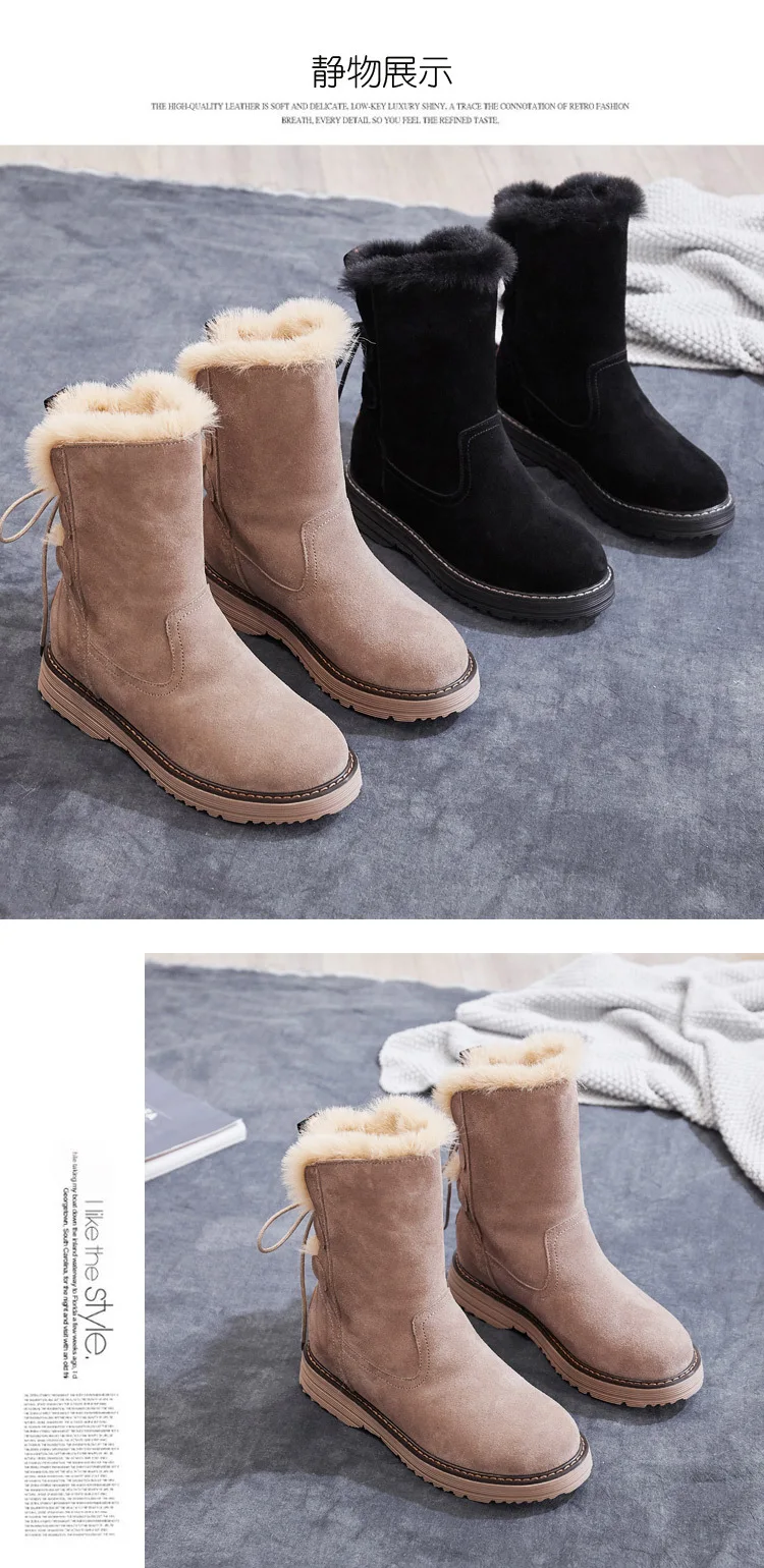 Winter Leather Warm Snow Shoes Women Boots mid-calf Plush Fur Velvet Boots Female shoes Booties Woman Footwear y190