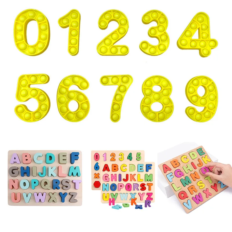 

PopIt Antistress Toy Makaron Wooden Number Letter Shape Recognition Board Simpl Montessori Educational Fidget Baby Toys
