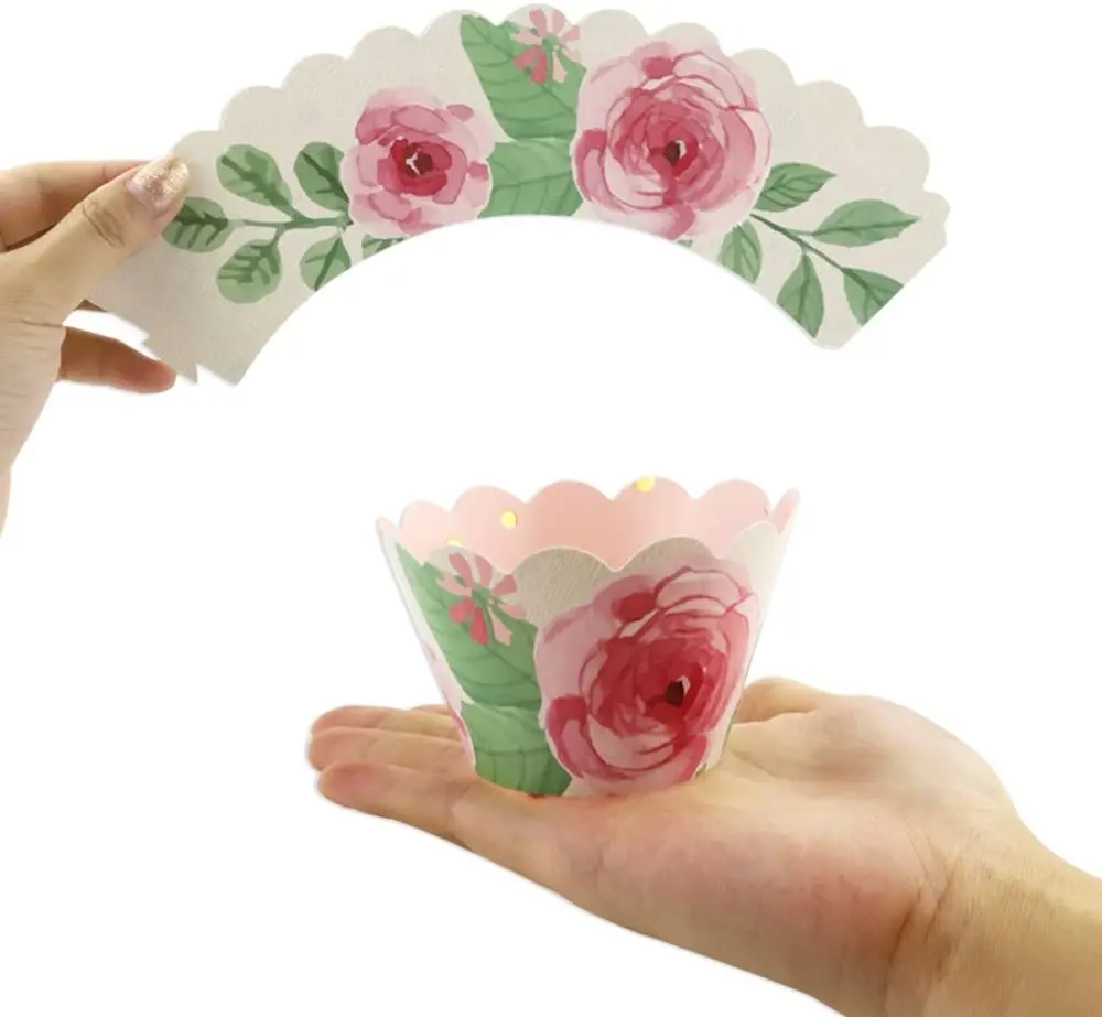 

METABLE 50pcs Floral Rose Gold Cupcake Wrappers,Decorations for Girl Pink and Gold Party Supplies for Wedding Party Birthday