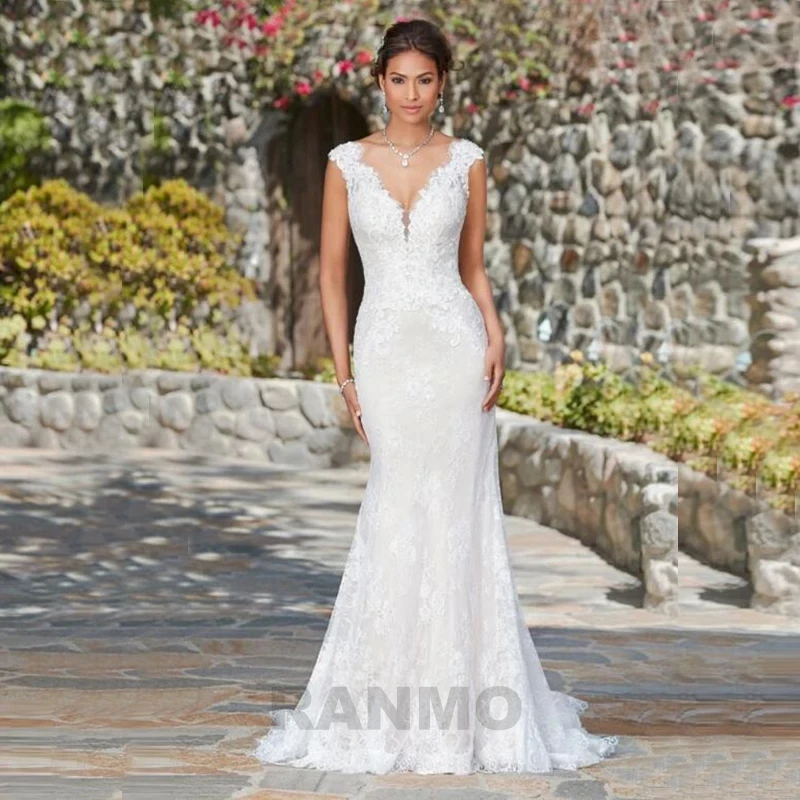 

RANMO Modest Full Lace Applique Mermaid Wedding Dress V Neck Cap Sleeves Sweep Train Bridal Gowns