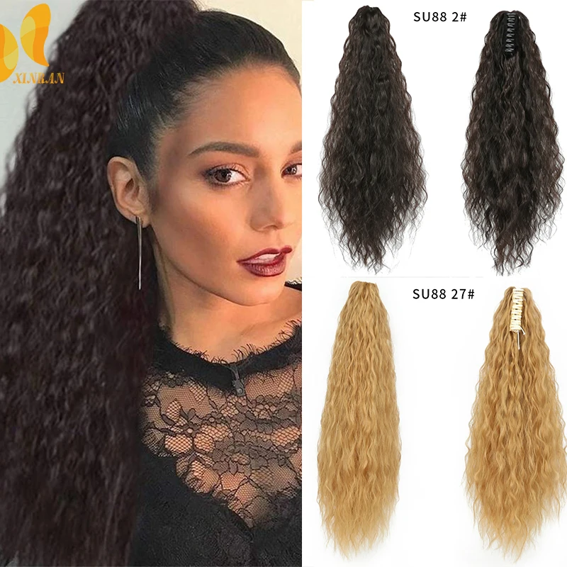 

XINRAN Synthetic Corn Curly Long Ponytail Hairpiece Claw Clamp Hair Extensions Brown Blonde Pure Color Pony Tail Corn Ear Perm