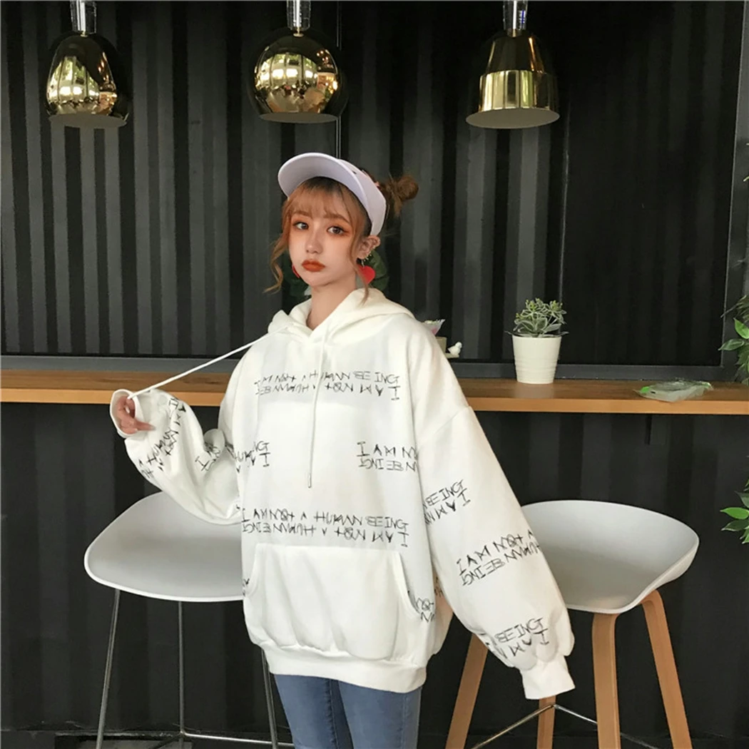 Women Ulzzang Harajuku Hooded Sweatshirt 2019 New Korea Style Thickening Plush Long Sleeve Large Sweatshirts Vroumen Hoodies Top | Женская