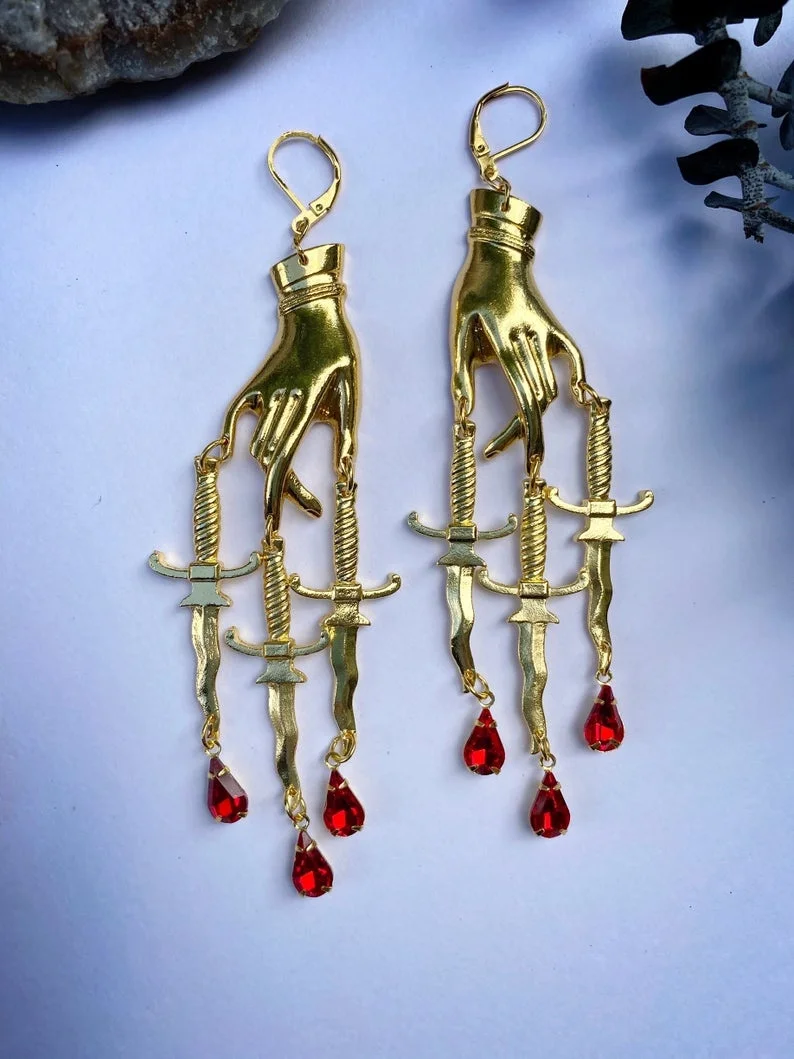 

Golden Hand and Three Swords Dagger Earrings, Red Blood Drops Crystal Gothic Gypsy Vampire Gothic Medieval Witch Jewelry
