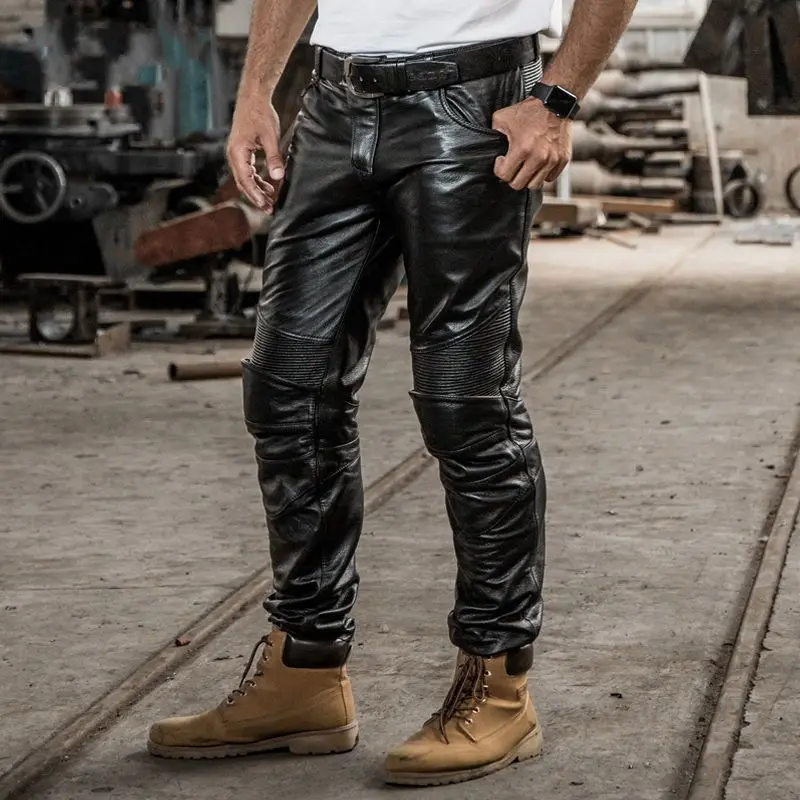 

Genuine Leather Cow Mens Mid Waist Straight Long Pants Male Trousers Motorcycle Biker Regular Brand High Quality Plus Size Black