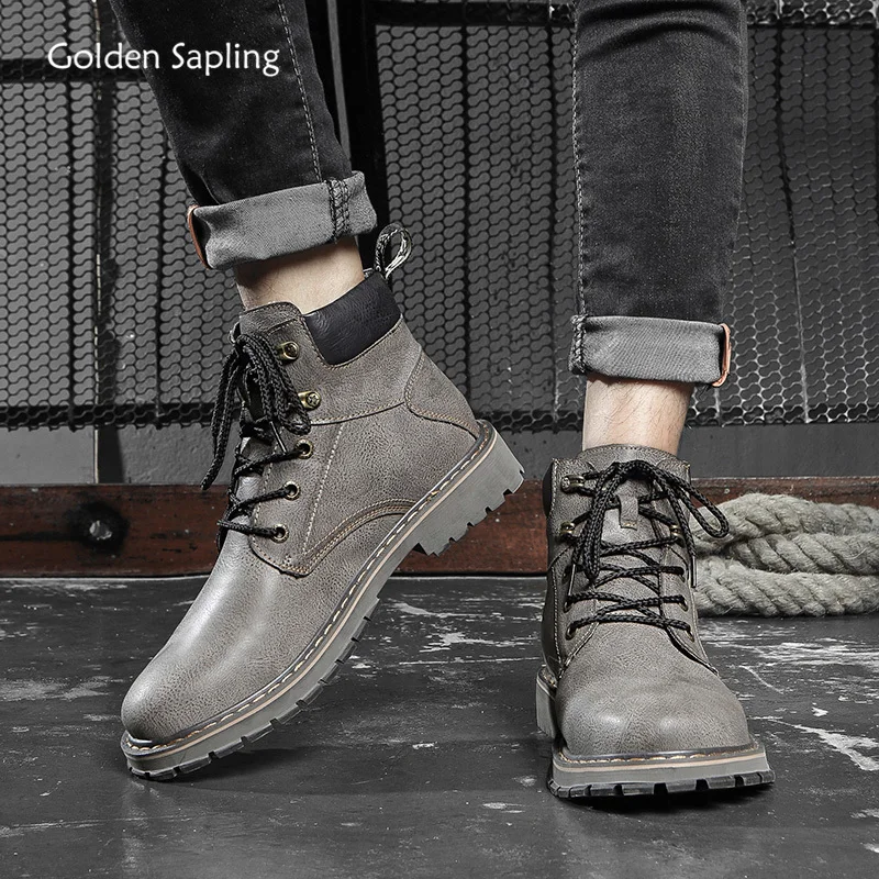 

Golden Sapling Fashion Motorcycle Boots Men Fashion Winter Shoes Warm Plush Vintage Platform Men's Boots Classic Leisure Shoe