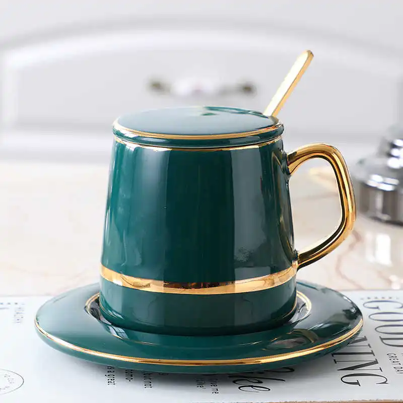 

Retro Luxurious Style Coffee Cup With Spoon Coaster Lid Luxury Retro Ceramic Cup Mat Milk Tea Mug Gifts Water Bottle Drinkware