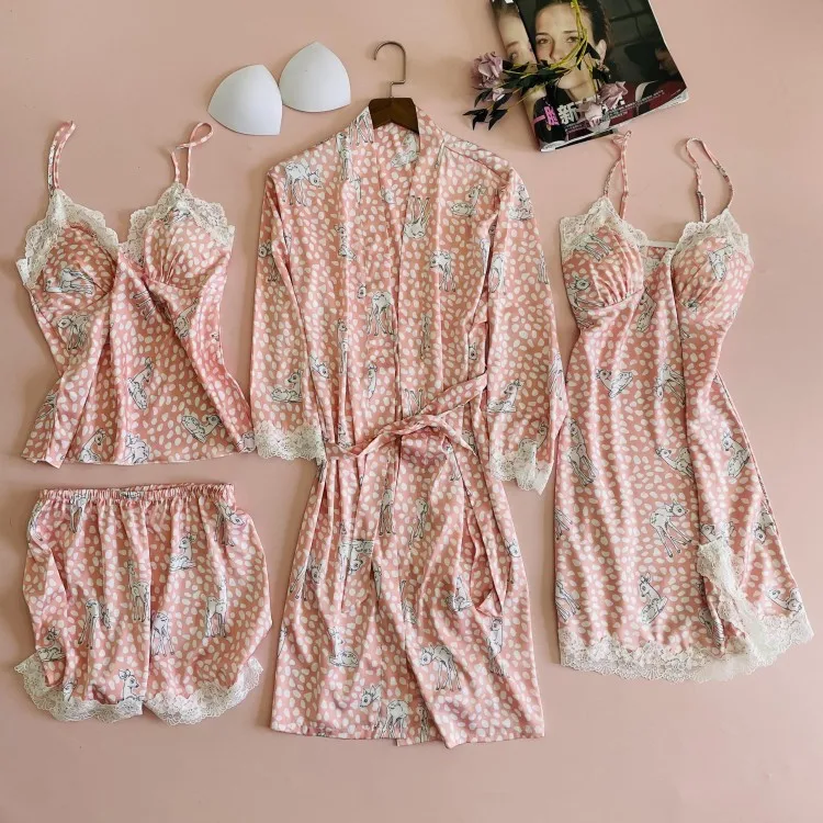 

Атласный Женский сексуальный Пижамный костюм из 4 предметов, одежда для сна с принтом, свободная Пижама с V-образным вырезом, комплект для сн...