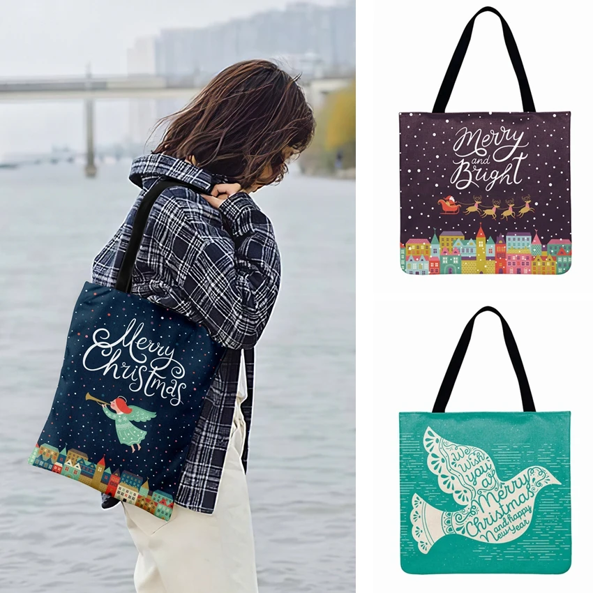 

Ladies Shoulder Bag Christmas Gift Snowflakes And Elk Painting Print Tote Bag Women Casual Tote Outdoor Beach Bags Shopping Bags