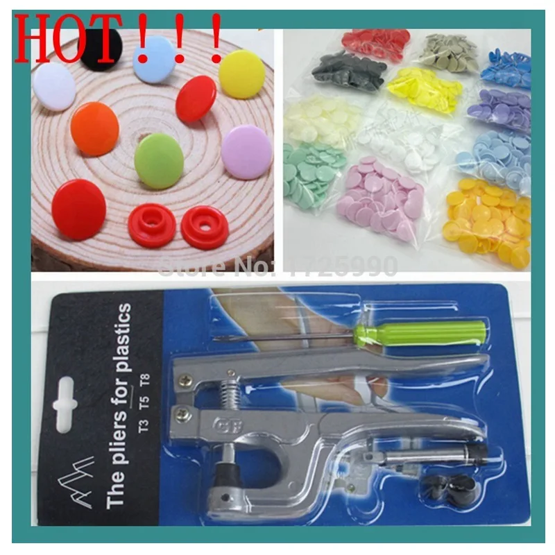В комплект входят 1 плоскогубцы для заклепок и 150 кнопок T5 круглые пластиковые