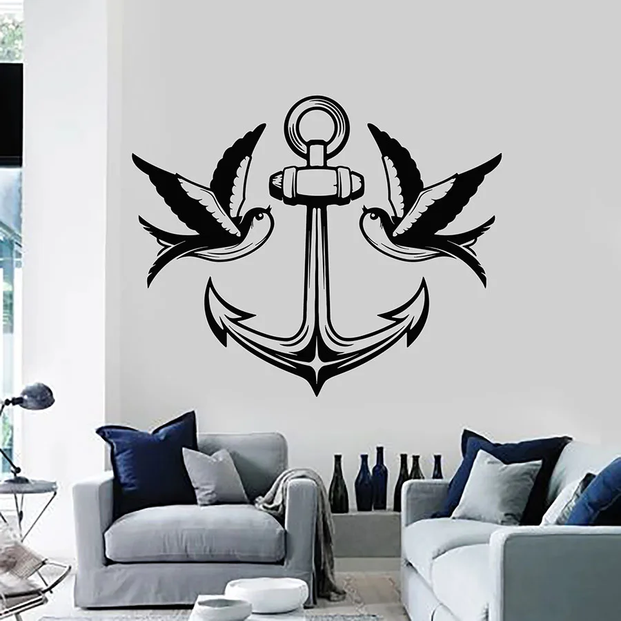 Wall Decal Birds Swallow Anchor Sea Nautical Marine Style Living Room Bedroom Bath Home Decor Vinyl Stickers Mural S1436 | Дом и сад