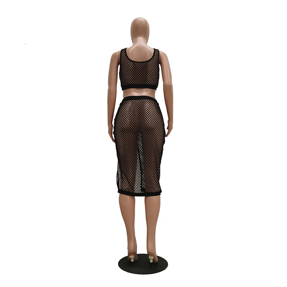 

Fishnet Hollow Out 2 Piece Club Outfit Women Summer Tracksuit Sleeveless Crop Top Side High Split Bodycon Skirt Set Beach Suits