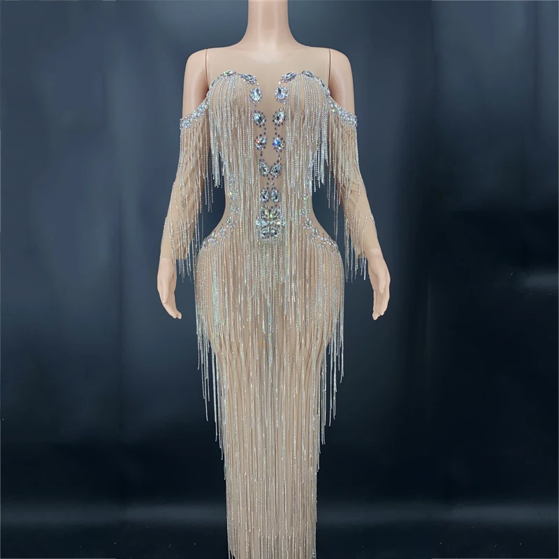 

Сетчатое серебряное Прозрачное платье стразы с бахромой телесные кристаллы цепочки Вечерние платья костюм на день рождения XS3392